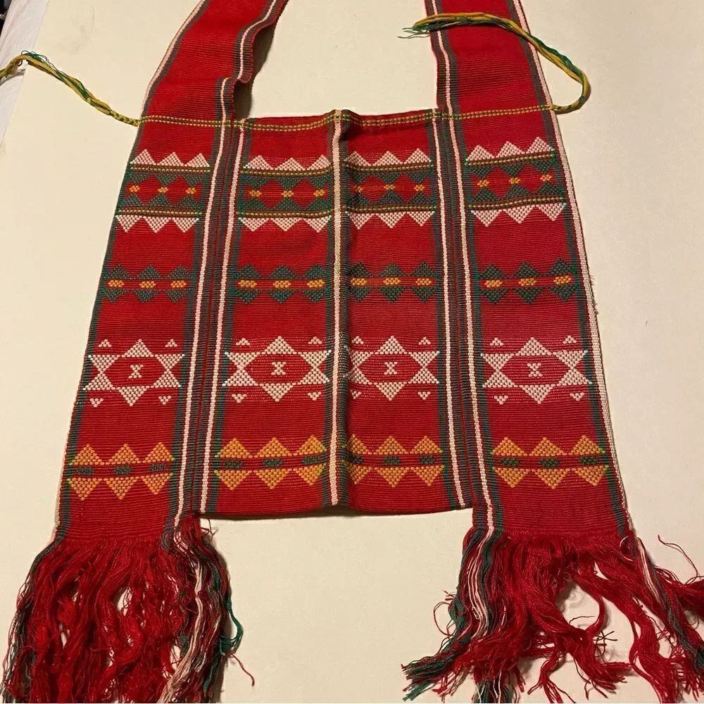 Vintage Bohemian Satchel Shoulder crossbody Bag red fringe ethnic Guatemalan - Picture 7 of 8